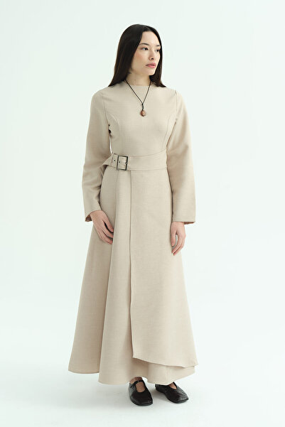 Hooopstore Beige Dress with Belt Detail