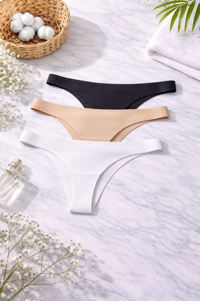 HK Underwear Bambu String Külot – 3’lü Set (Beyaz · Siyah · Ten)