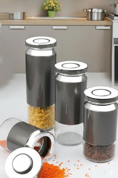 Genel Markalar Kosova 4 Lü Gri- Gümüş Cam Kavanoz Seti 1550ML-1230ML-940ML-690ML
