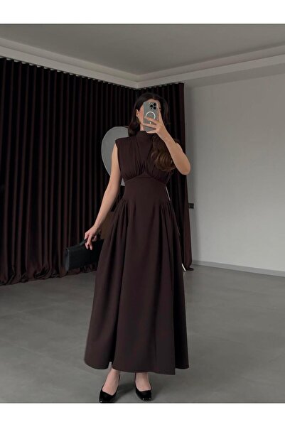 Balbe Fashion Acı Kahve Vatkalı Omuz Drapeli Bel Detaylı Elbise