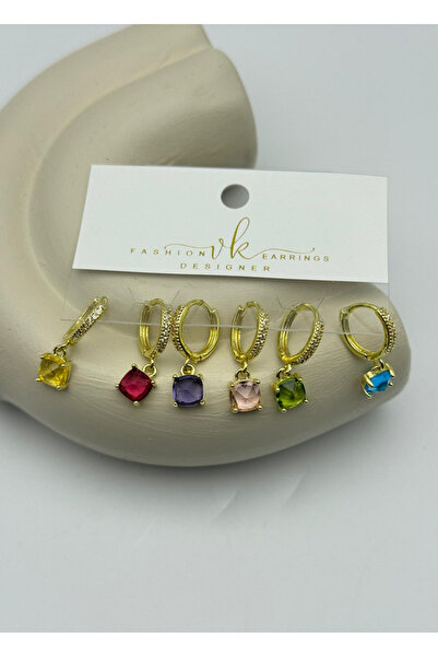 BİJU YILMAZ Vip Gold Colorful Square Stone Dangle Earrings Set of 6 - 26Vipkp65