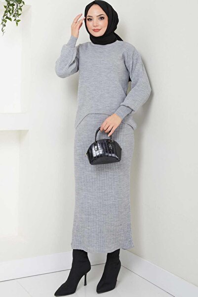 Tesettür Diyarı Women's Jile Sweater Knitwear Set-Grey