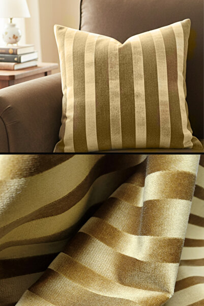 B'DEKOR DÖŞEMELİK KUMAŞ Lüks Kadife Kırlent Kumaşı Çizgili Desenli Krem Kahve...