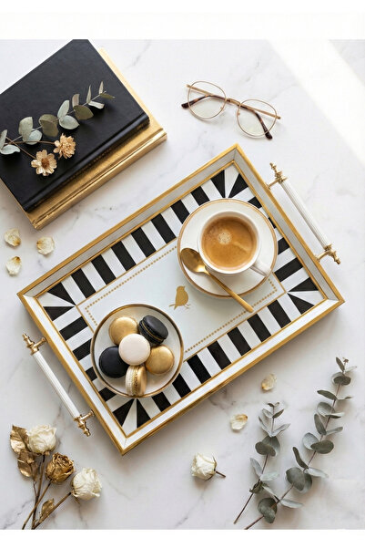 Le Paon Glass Coffee Tray with Gold Bird Figure - 46X28 cm Modern Decorative ...