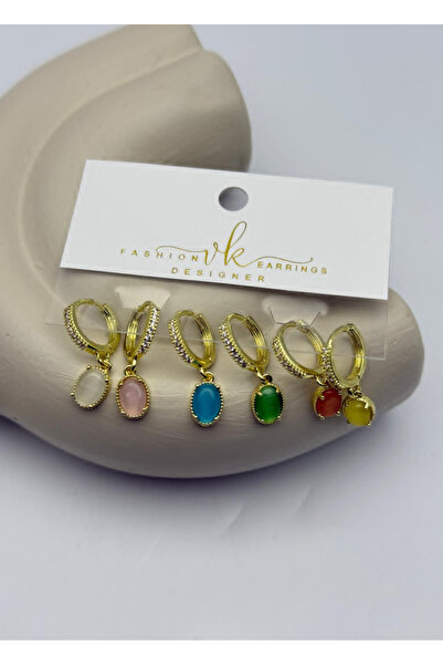 BİJU YILMAZ Vip Gold Colorful Oval Stone Dangle Hoop Earrings Set of 6 - 26Vi...