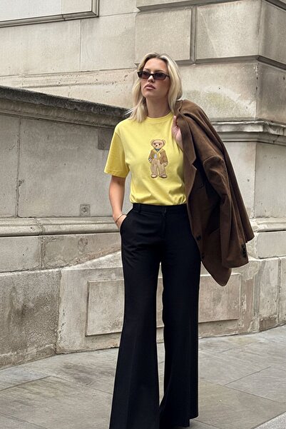 The Champ Clothing Women's Oversize T-Shirt Léo Bear Printed Yellow – 100% Co...