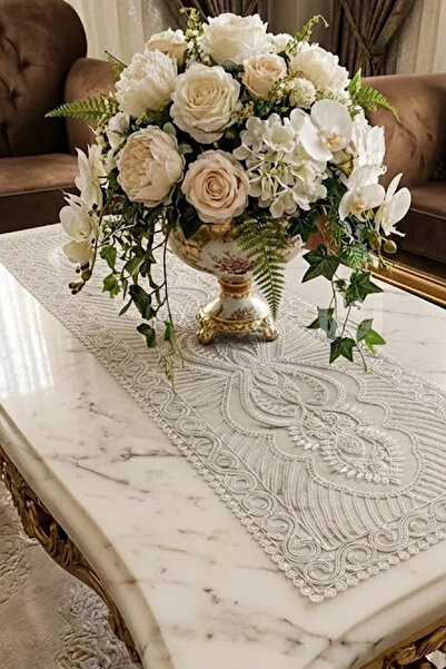 Çt Çeyizci Tekstil French Lace Detailed Single Runner, Table Top Runner, Tabl...
