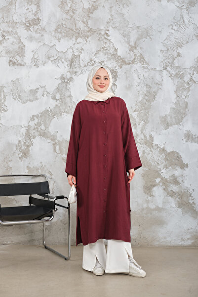 LOCCO Women's Shirt Collar Tencel Buttoned Dress Burgundy