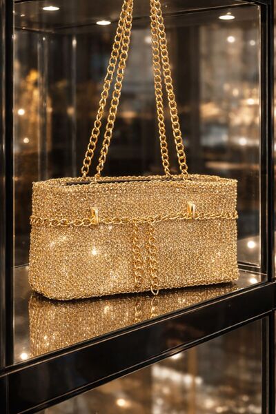 DEMESİ Women's Gold Metallic Shiny Hand-Knitted Belt Chain Shoulder Bag