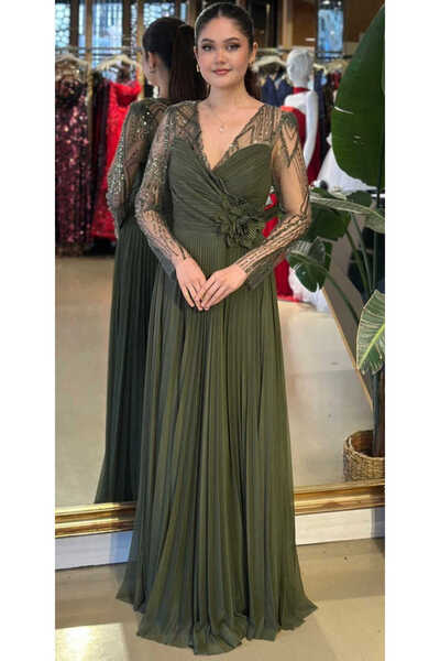 Abiyeniall Olive V Yaka Uzun Kollu Çiçek Detaylı Kloş Etekli Şifon Uzun Abiye...