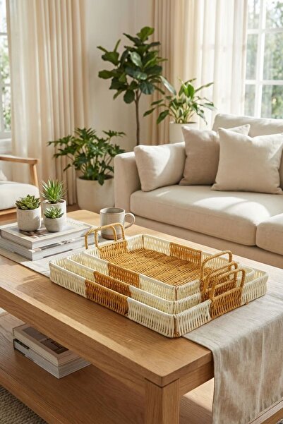 Buffer ®   Interlocking Set of 3 Rectangular Plastic Rattan Trays – Dual Colo...