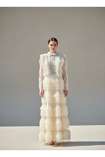 Rabiossa Women's Layered Tulle Skirted Sequin Embroidered Lace Dress