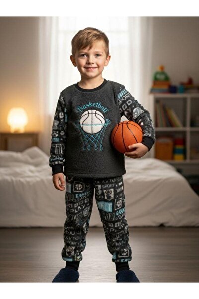 Zekids Σετ πιτζάμες από φλις με στάμπα μπάσκετ για αγόρια