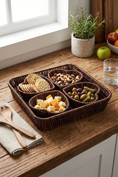 Buffer ®   5 قطع، 4 أطباق بلاستيكية على شكل قلب من خشب الروطان للتقديم والإفط...