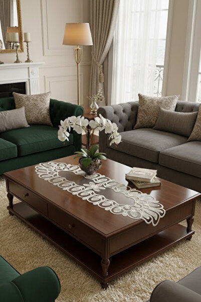 Çt Çeyizci Tekstil French Lace Detailed Single Runner, Table Top Runner, Tabl...