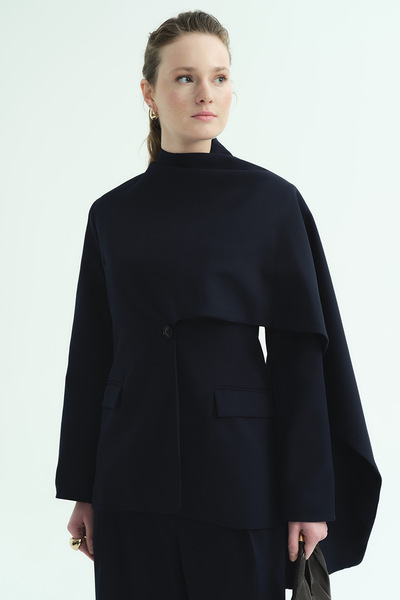 Hooopstore Cape Detailed Navy Blue Blazer Jacket