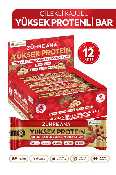 Zühre Ana Çilekli Kajulu Yüksek Proteinli Bar, Şeker İlavesiz 40 gr x 12 Adet