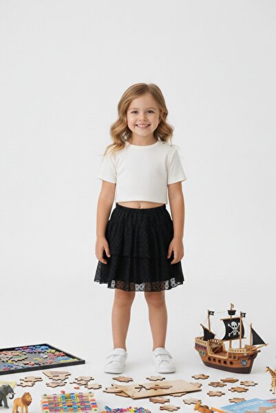 Kübra Tekstil Fusta neagră din tul cu buline pentru fete, cu talie elastică î...