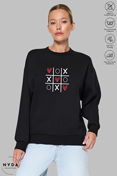 Nyda Collections Hanorac unisex cu imprimeu Tic Tac Toe, cu gâtul tip crewnec...