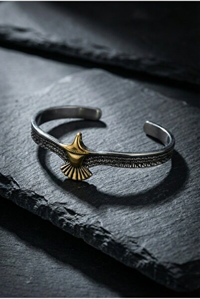 KARV Gümüş Renk Gold Detaylı Kartal Figürlü Ayarlanabilir Erkek Kelepçe Bileklik