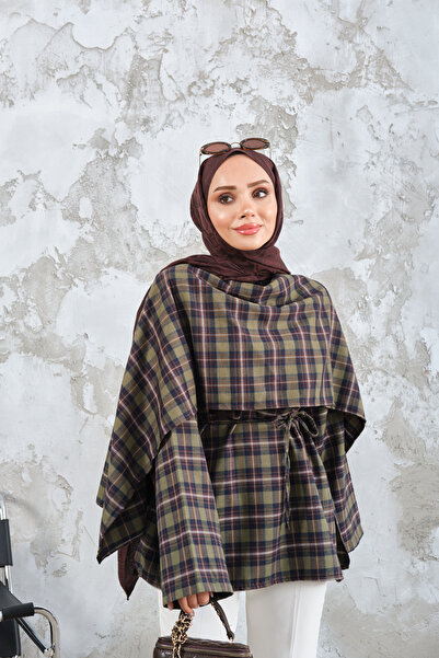 LOCCO Poncho de damă cu model în carouri, cu detaliu de nasturi la talie, ver...