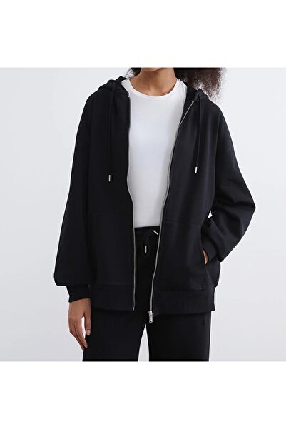 LC Waikiki XSIDE Siyah Kapüşonlu Kadın Kalın Fermuarlı Sweatshirt