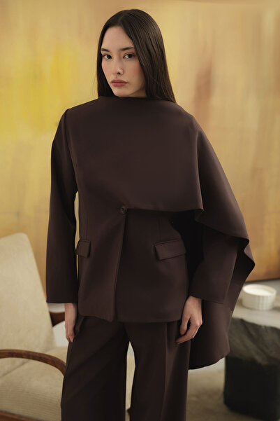 Hooopstore Cape Detailed Brown Blazer Jacket