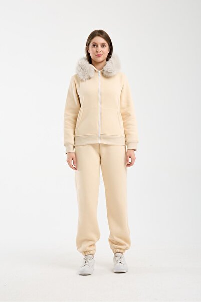 Afri Women's Beige Hooded Sweatshirt with Fur (Removable) and Zipper, Sweatsh...