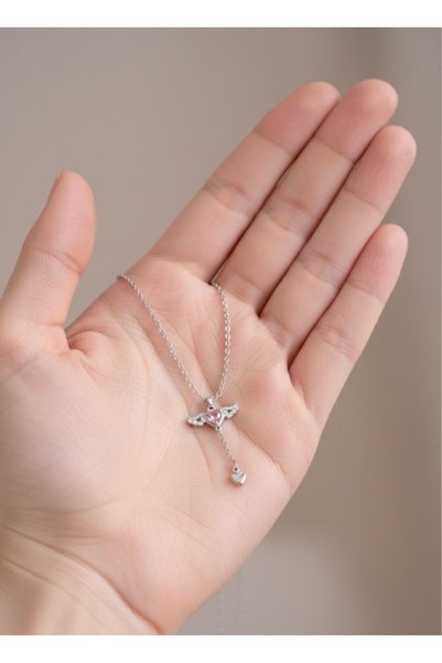 Sweet bunny Sparkling Lucky Necklace with Angel Wings and Pink Heart Detail