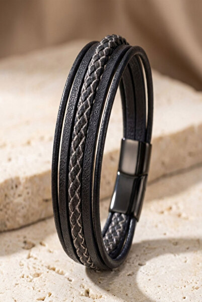 OSMANLI GÜMÜŞ Men's Leather Bracelet Black and White Multi Leather Cord Brace...
