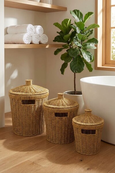 Buffer ®   Set of 3 Interlocking Large Plastic Rattan Wicker Baskets - Durabl...