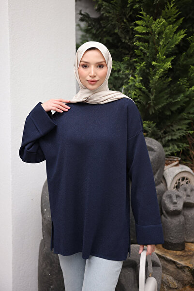 İmajButik Navy Blue Glitter Mercerized Knit Sweater