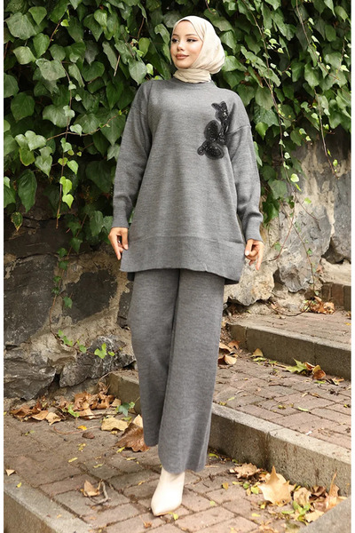 sefamerve Knitwear Floral Embroidered Tunic Trousers Double Set 1067-01 Gray