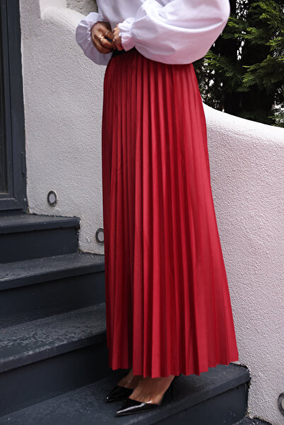 İmajButik Burgundy Pleated Skirt with Elastic Waist