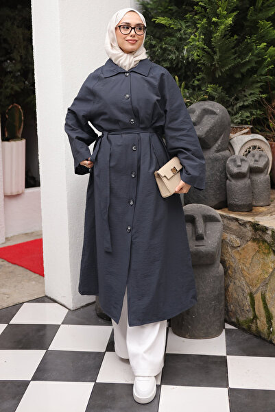 İmajButik Anthracite Oversized Trench Coat with Pockets and Belt