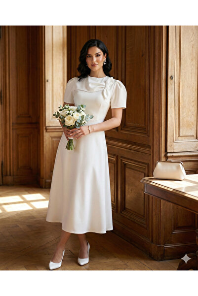 QETEENN Rochie midi de nuntă și logodnă cu mâneci tip pepene verde și detaliu...