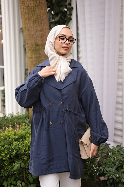 İmajButik Navy Blue Double-Breasted Collar Jacket with Elastic Waist