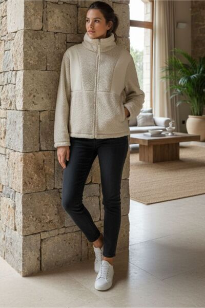 KNUP NAP Kadın Ekru Fermuarlı Peluş Polar Ceket - Sherpa Kumaş