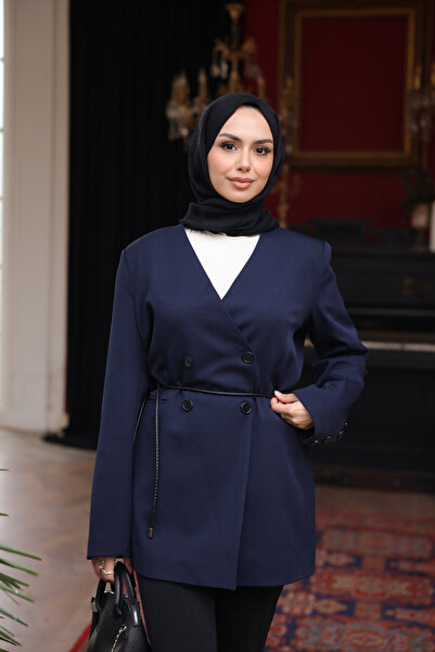 İmajButik Navy Blue Belted Buttoned Jacket
