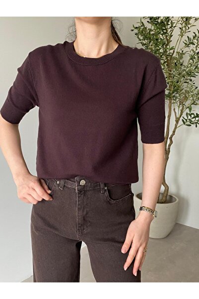 Bade Butik Καφέ μαλακή κοντομάνικη πλεκτή μπλούζα