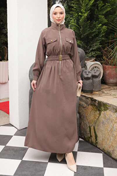 İmajButik Dark Mink Zippered Elastic Belted Dress