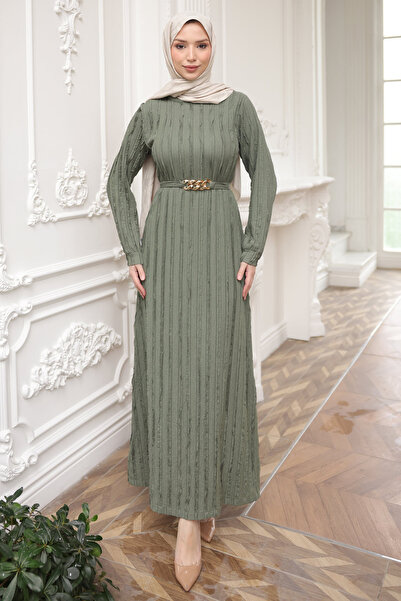 İmajButik Khaki Chain Belted Ruffled Seersucker Dress