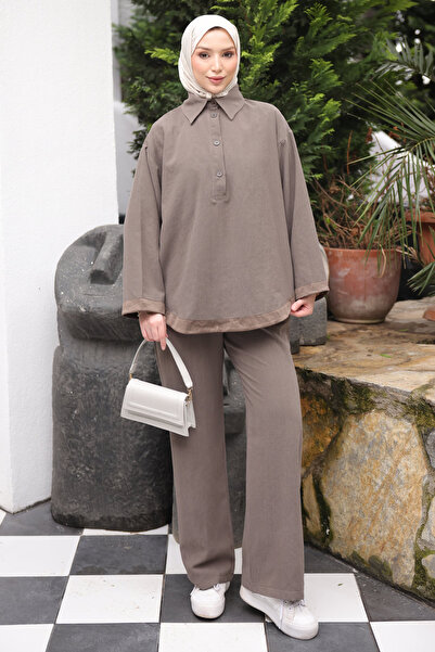 İmajButik Mink Collar Buttoned Tunic and Trousers Set