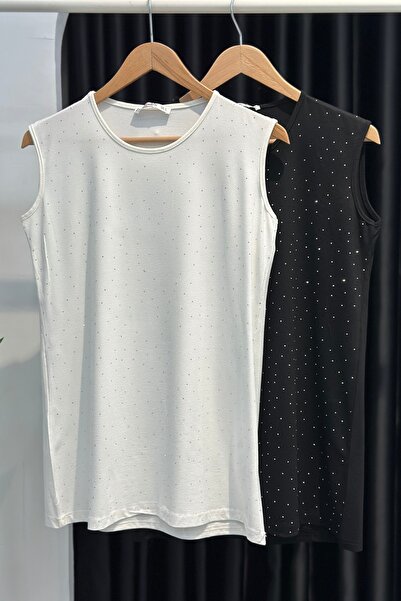 İmajButik Ecru Crew Neck Zero Sleeve Stoned Undergarment Tunic