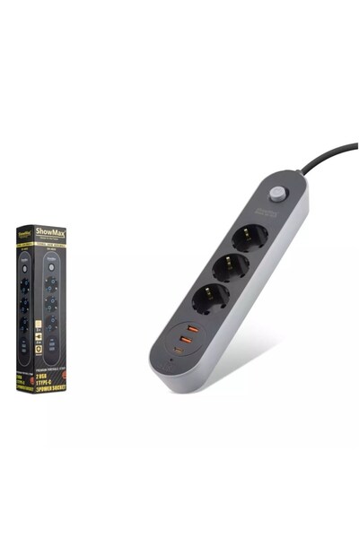 ShowMax SH4628 Akım Korumalı Uzatma Kablosu 3 Priz + 2 USB + Type-C