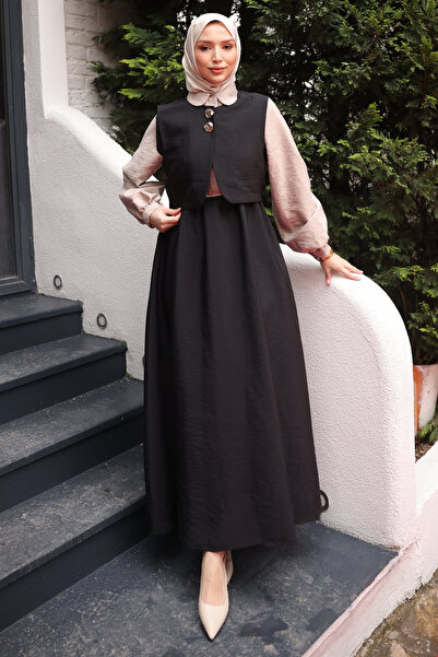 İmajButik Black Elastic Waist Vest Combination Dress Set