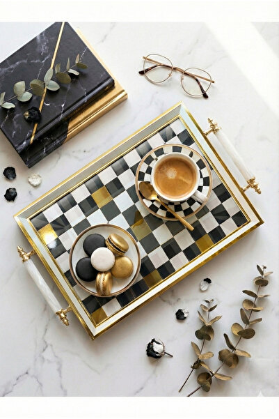 Le Paon Black and White Checkered Patterned Glass Coffee Tray - 46X28 cm Mode...