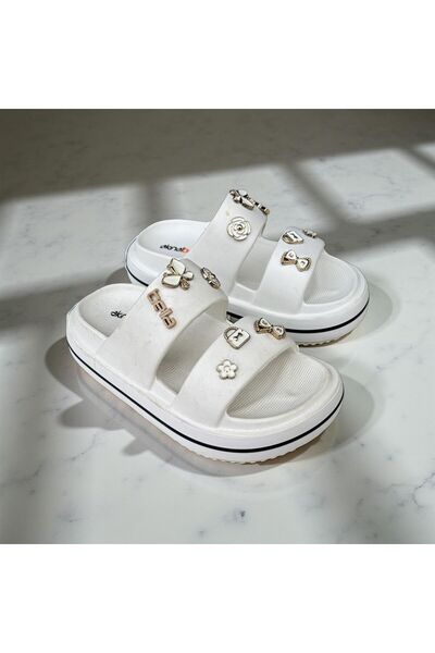 AkınalBella Women's Double-Strap Stone-Studded Eva Lightweight High-Soled Sli...