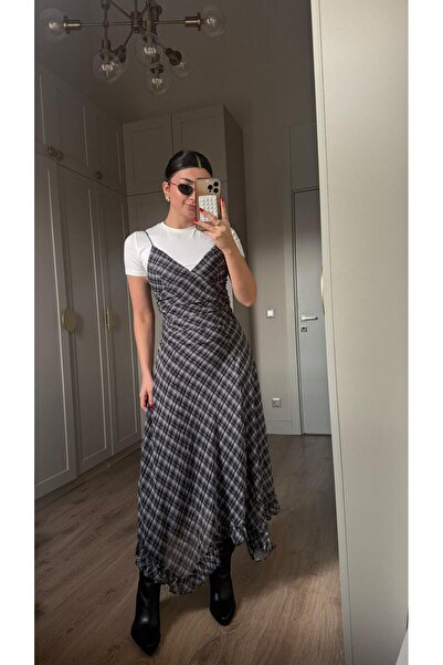 Bade Butik Μαύρο γκρι φόρεμα με ντραπέ λεπτομέρεια και τιράντες