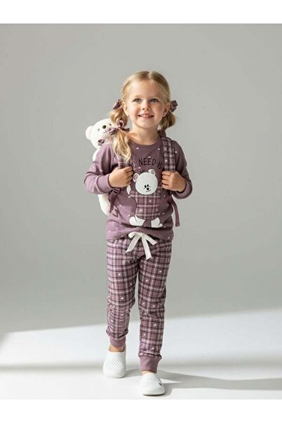 Zekids Κοριτσίστικο σετ πιτζάμες από βαμβάκι με καρό σχέδιο και αρκουδάκι